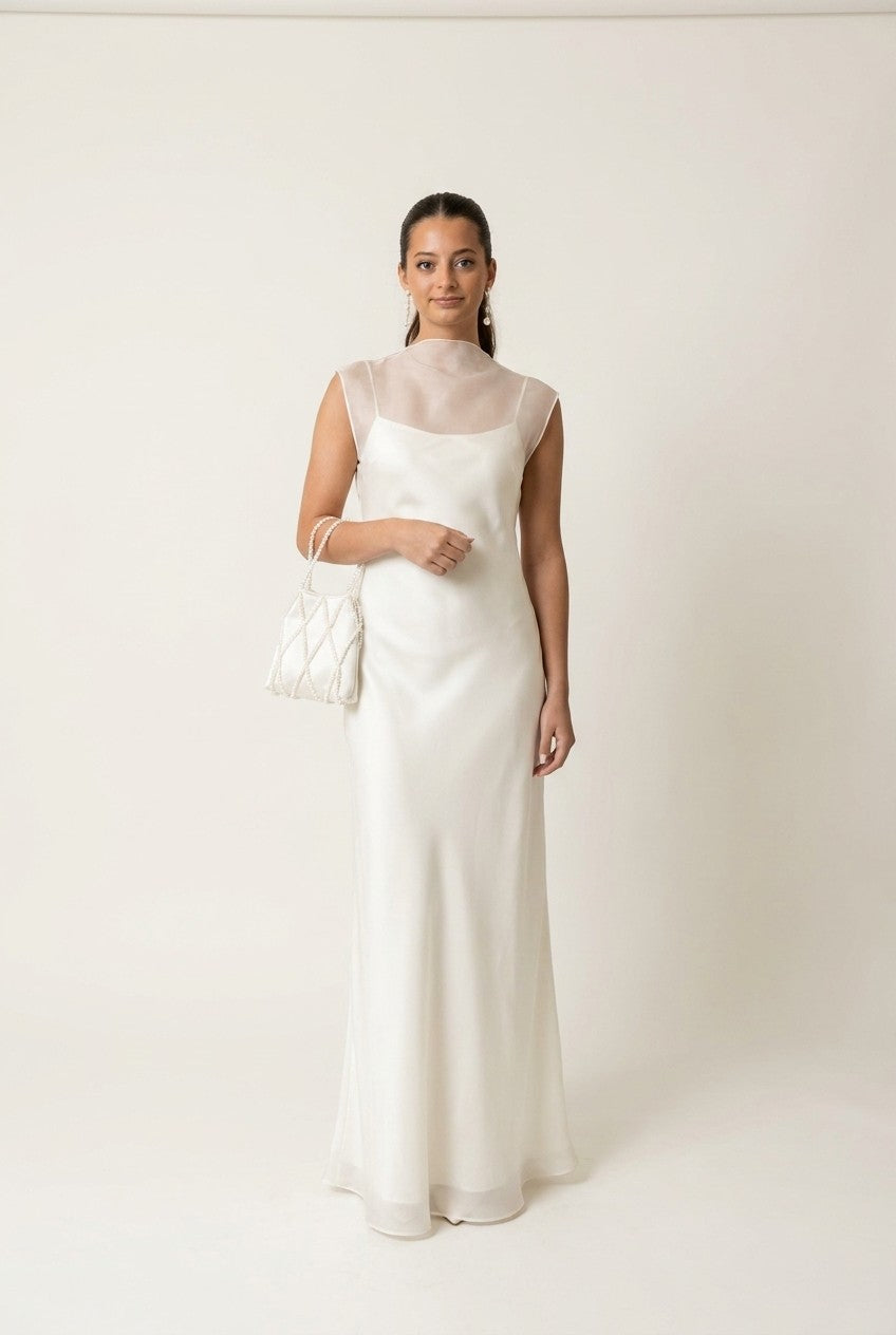 Sheer Organza Overlay Satin Maxi Dress