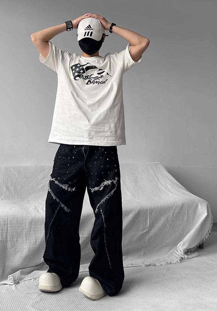 【SHUNP】Fringe patch multi-design wide over denim pants SP0005-CALLISTARI