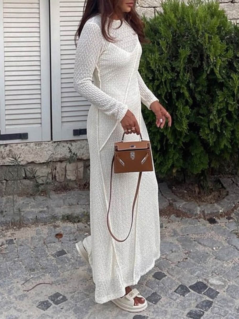 Jacquard Backless Paneled Long-Sleeved Maxi Dress-CALLISTARI