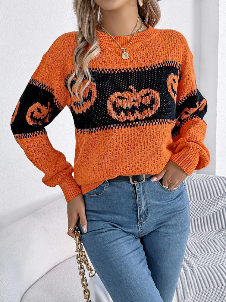 Halloween Pumpkin Head Color-Block Crew Neck Knit Sweater-CALLISTARI