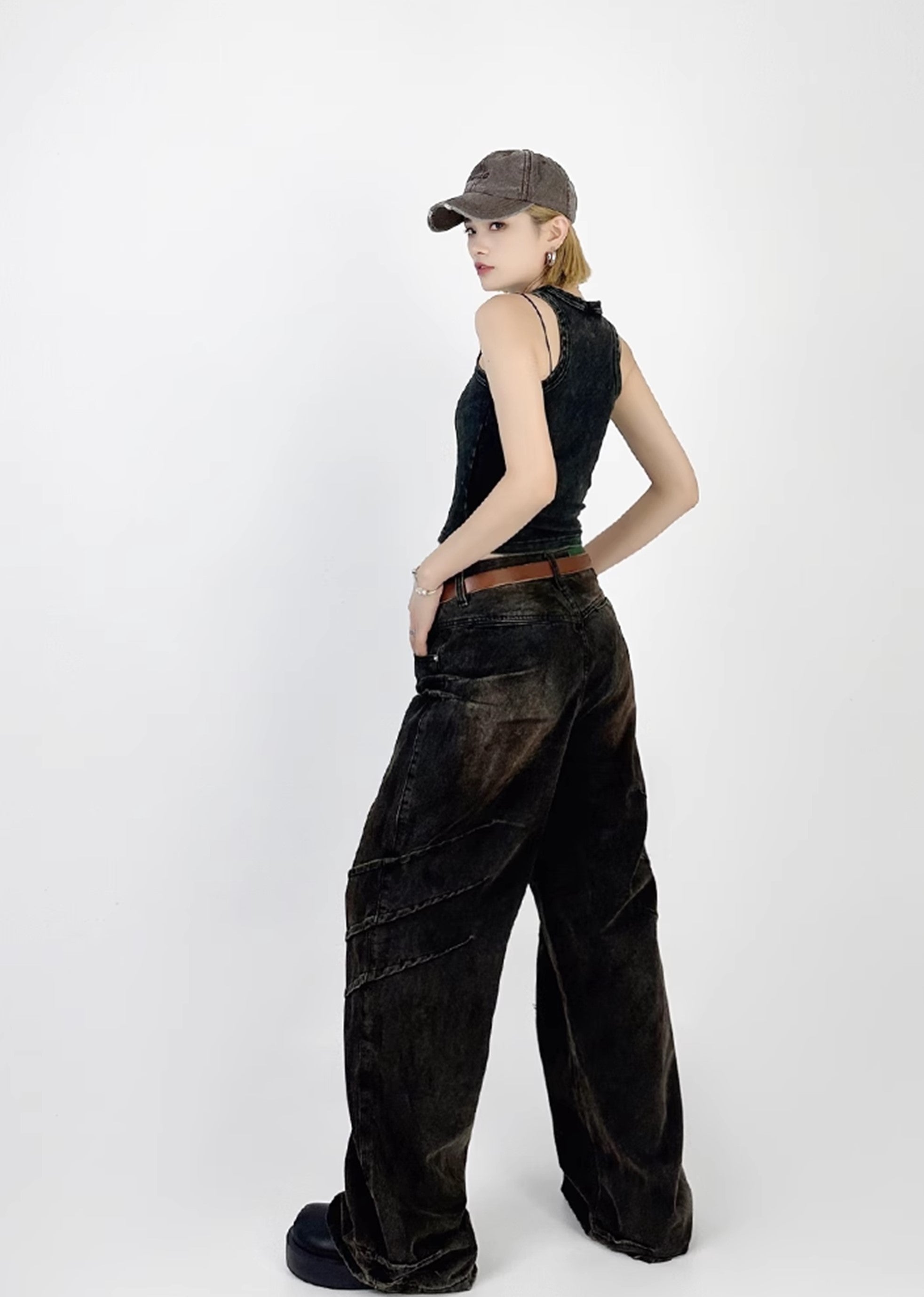 [4/29 New] Double claw mark design grunge rust color wide denim pants HL3039-CALLISTARI