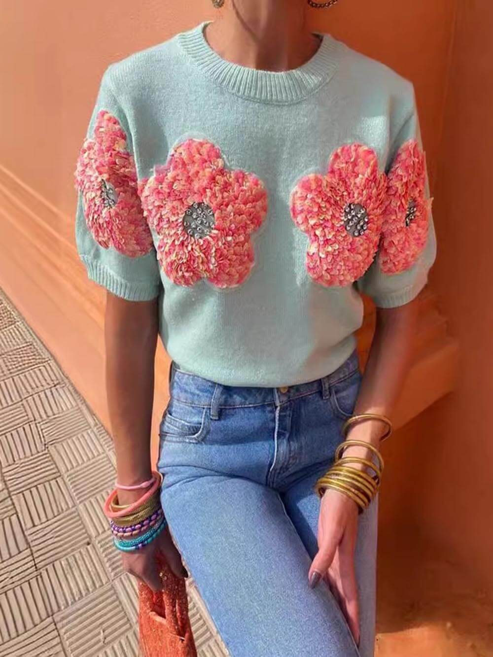 Sweet Contrast Color Flower Round Neck Short Sleeve Sweater-CALLISTARI