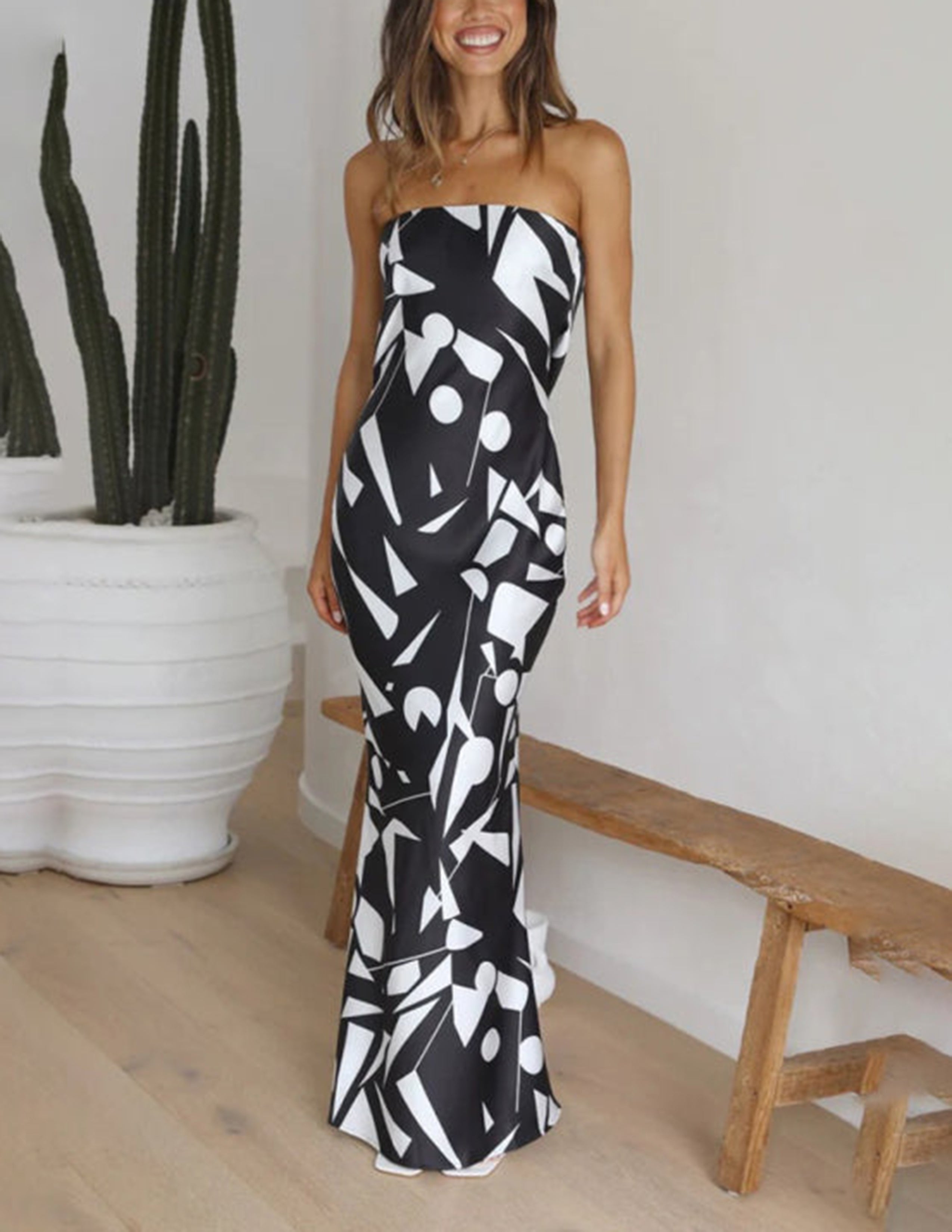 Satin Geometric Print Off Shoulder Maxi Dress-CALLISTARI