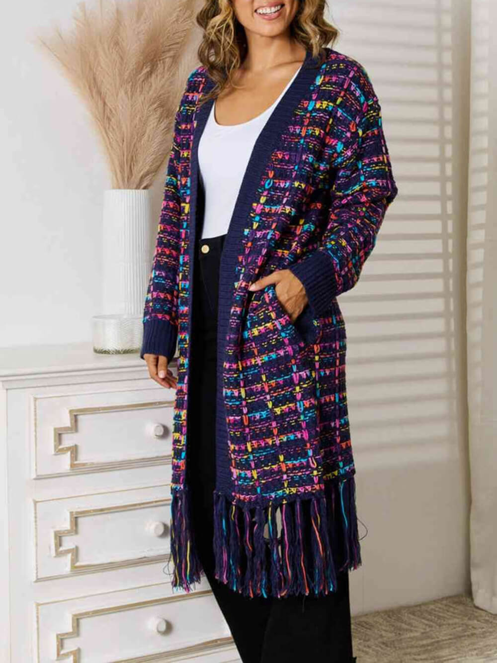 Boho Multicolor Fringe Hem Longline Cardigan-CALLISTARI