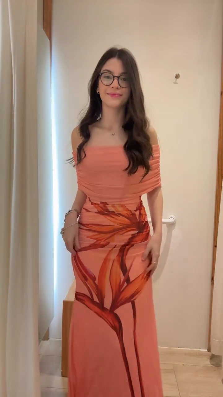 Coral Off - Shoulder Maxi Dress with Floral Prin