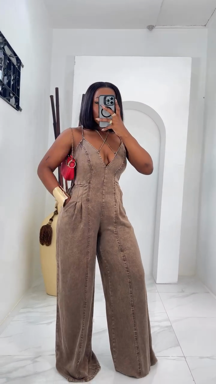 Brown Denim Strappy Jumpsuit