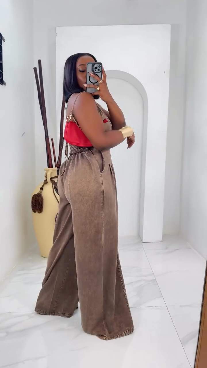 Brown Denim Strappy Jumpsuit