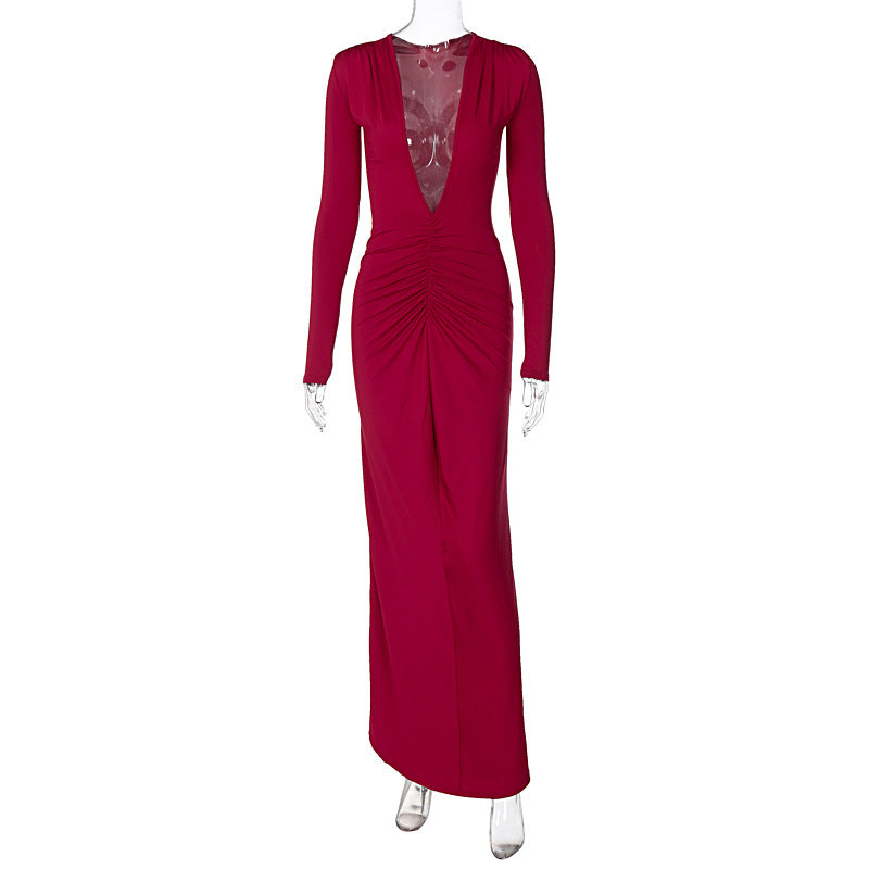 Midnight- Pleated Long Sleeve Backless Bodycon Maxi Dress-CALLISTARI
