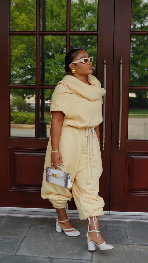 Cream - Colored Cowl - Neck Top and Drawstring Pants Set