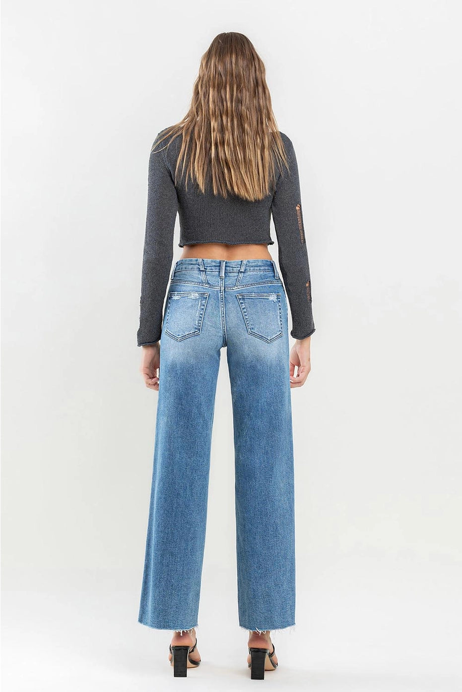 Mid Rise Clean Cut Raw Hem Wide Jeans-Mesadic