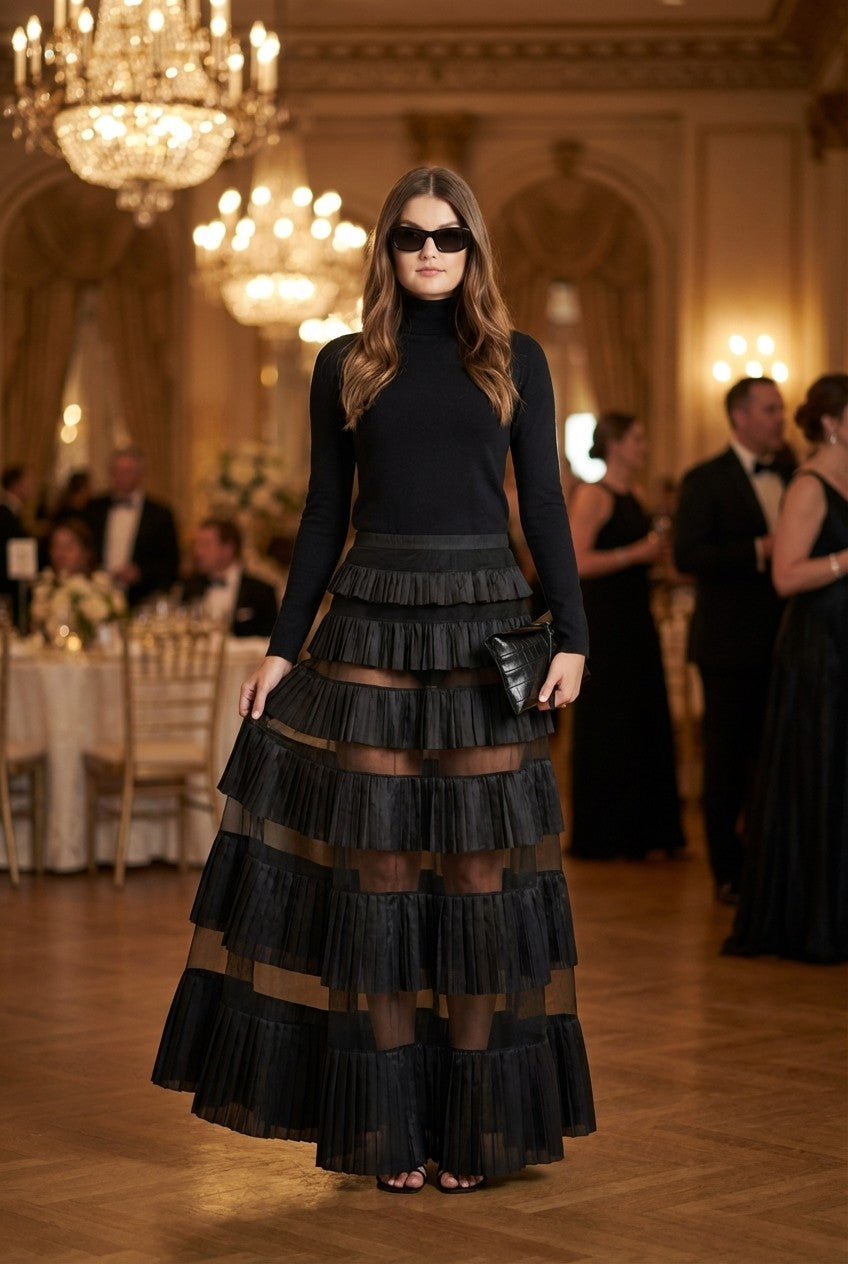 Pleated Sheer Mesh Maxi Skirt 