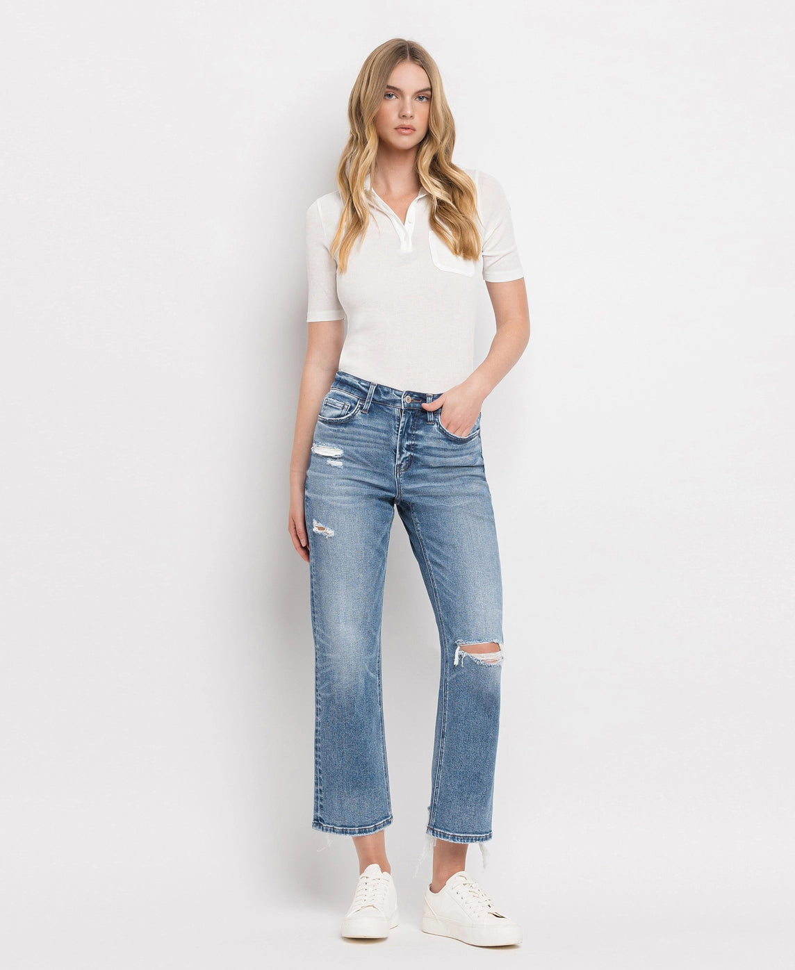 High Rise Distressed Hem Crop Straight Jeans-Mesadic