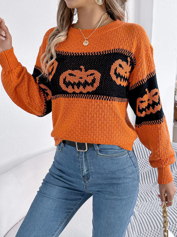 Halloween Pumpkin Head Color-Block Crew Neck Knit Sweater-CALLISTARI
