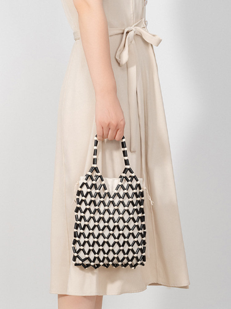 Hollow-Out Wooden Bead Woven Tote Bag-CALLISTARI