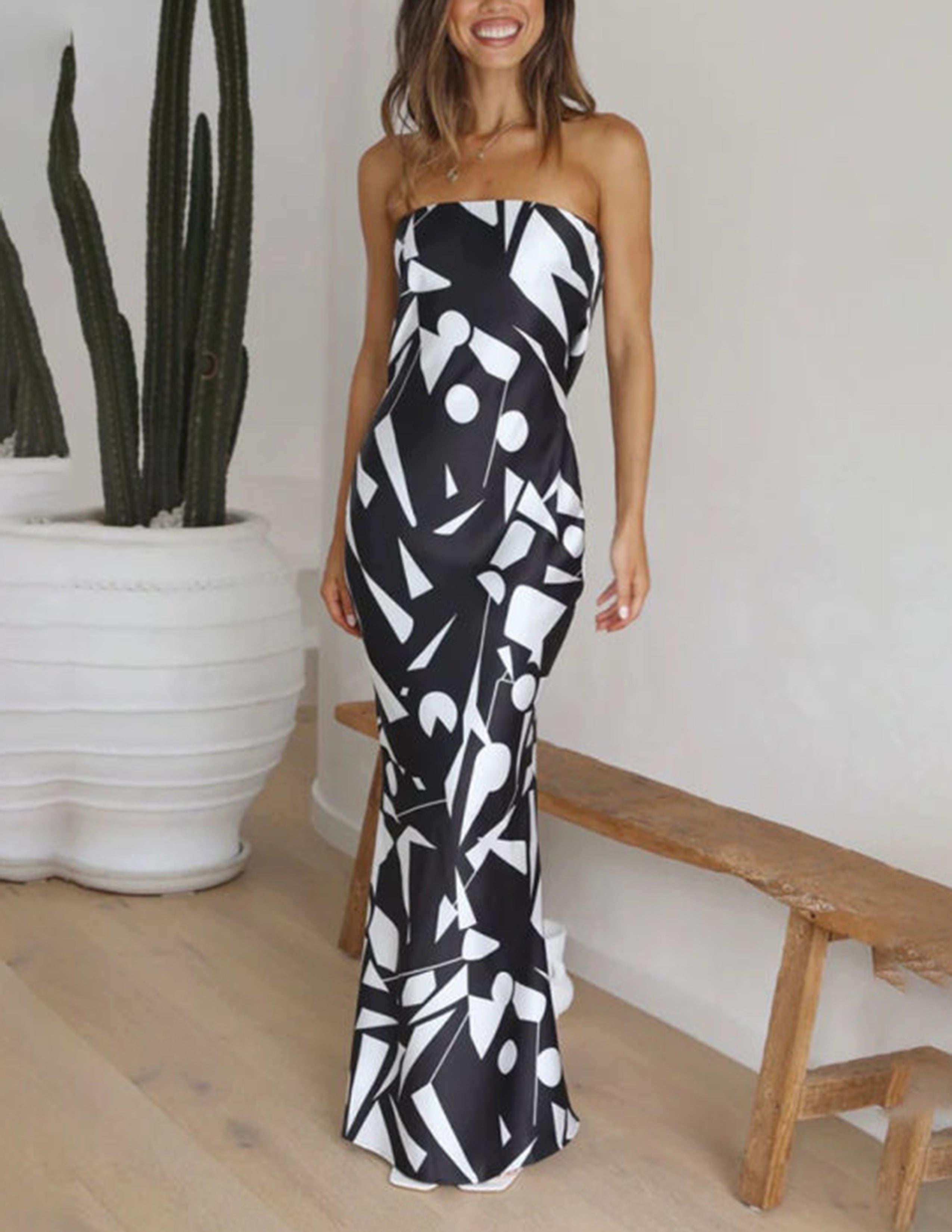 Satin Geometric Print Off Shoulder Maxi Dress-CALLISTARI