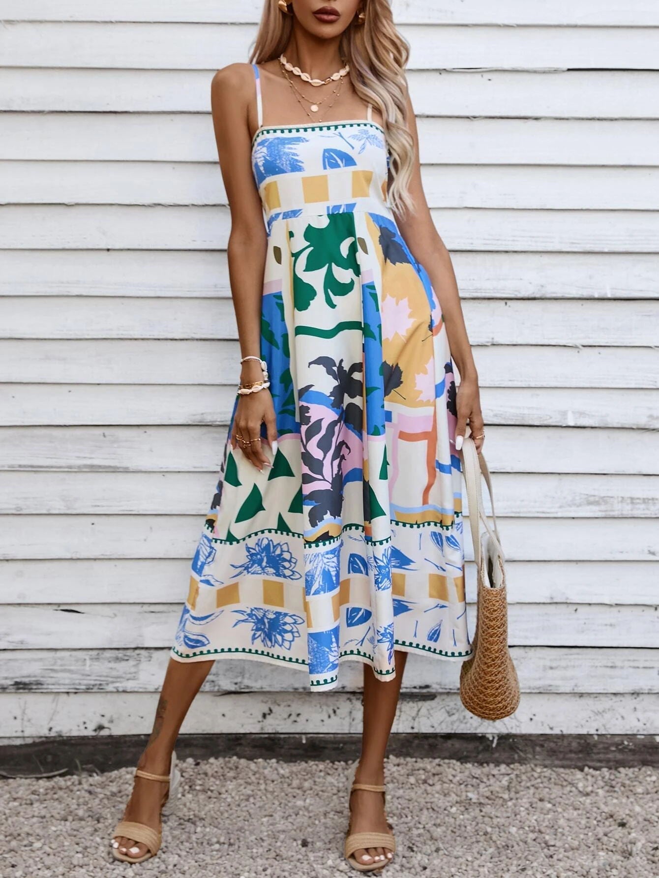 Patchwork Slip Maxi Dress: Abstract Colorful Printed-CALLISTARI
