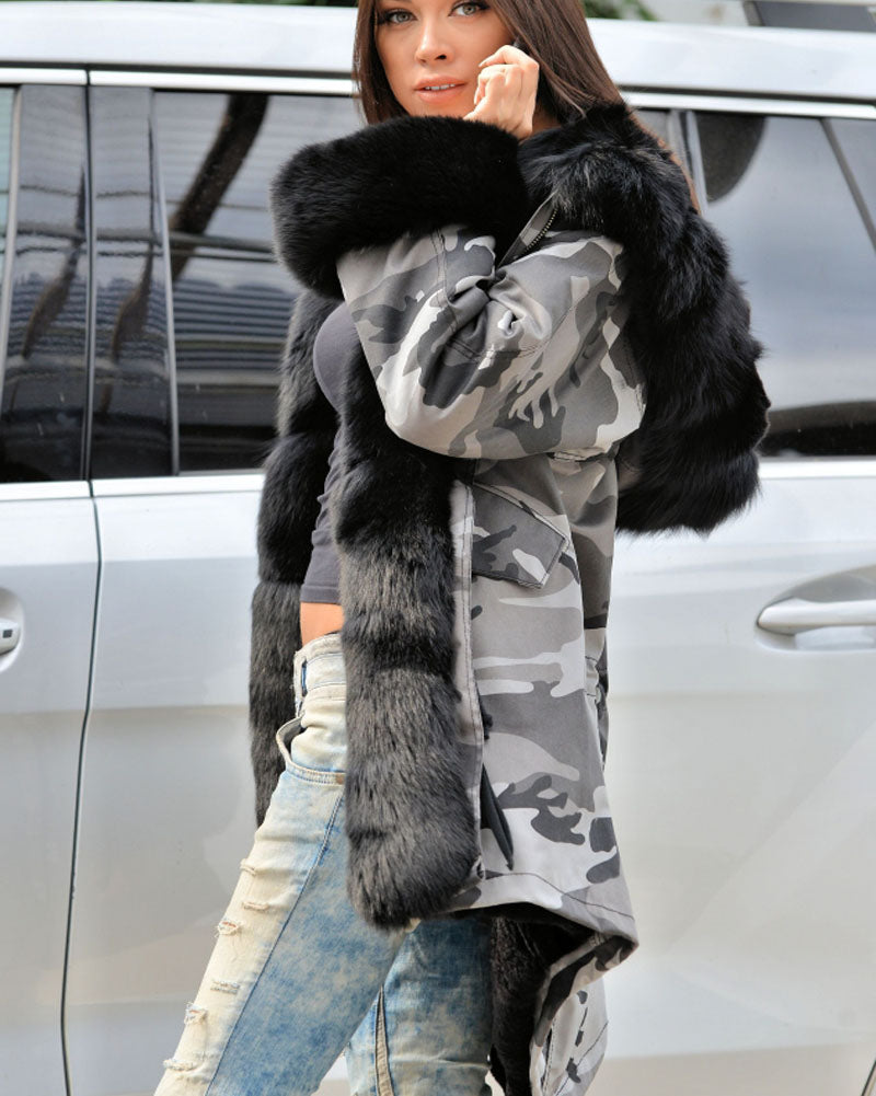 Trafni Women's Winter Camouflage Thick Black Fur Parka Long Hooded Jacket Coat Trench Coat S-XXXL-Trafni