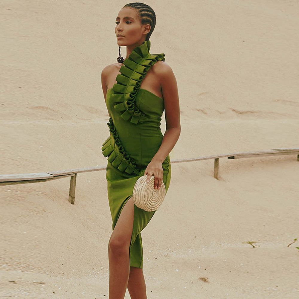 Lara Ruffle One-Shoulder Bandage Midi Dress-CALLISTARI