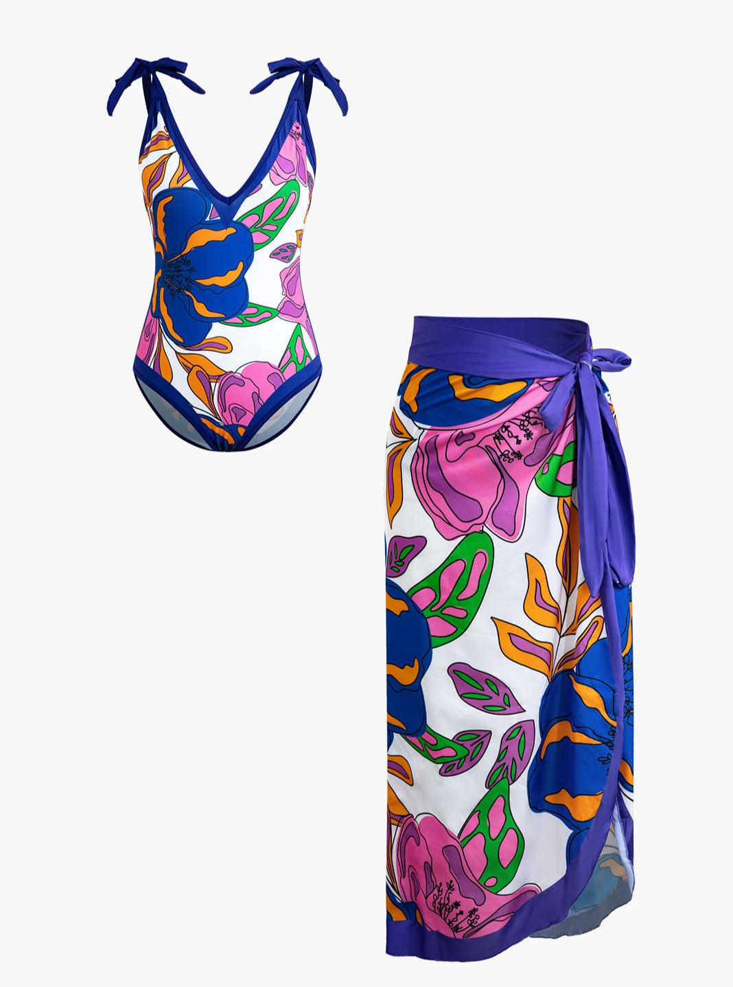 Floral Print Tummy Control One-Piece Swimsuit And Cover Up Set-CALLISTARI