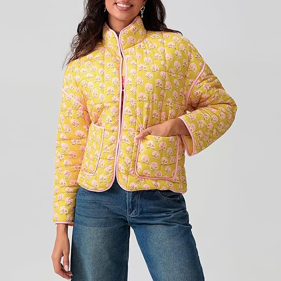 Floral Print Stand Collar Patchwork Jacket-CALLISTARI