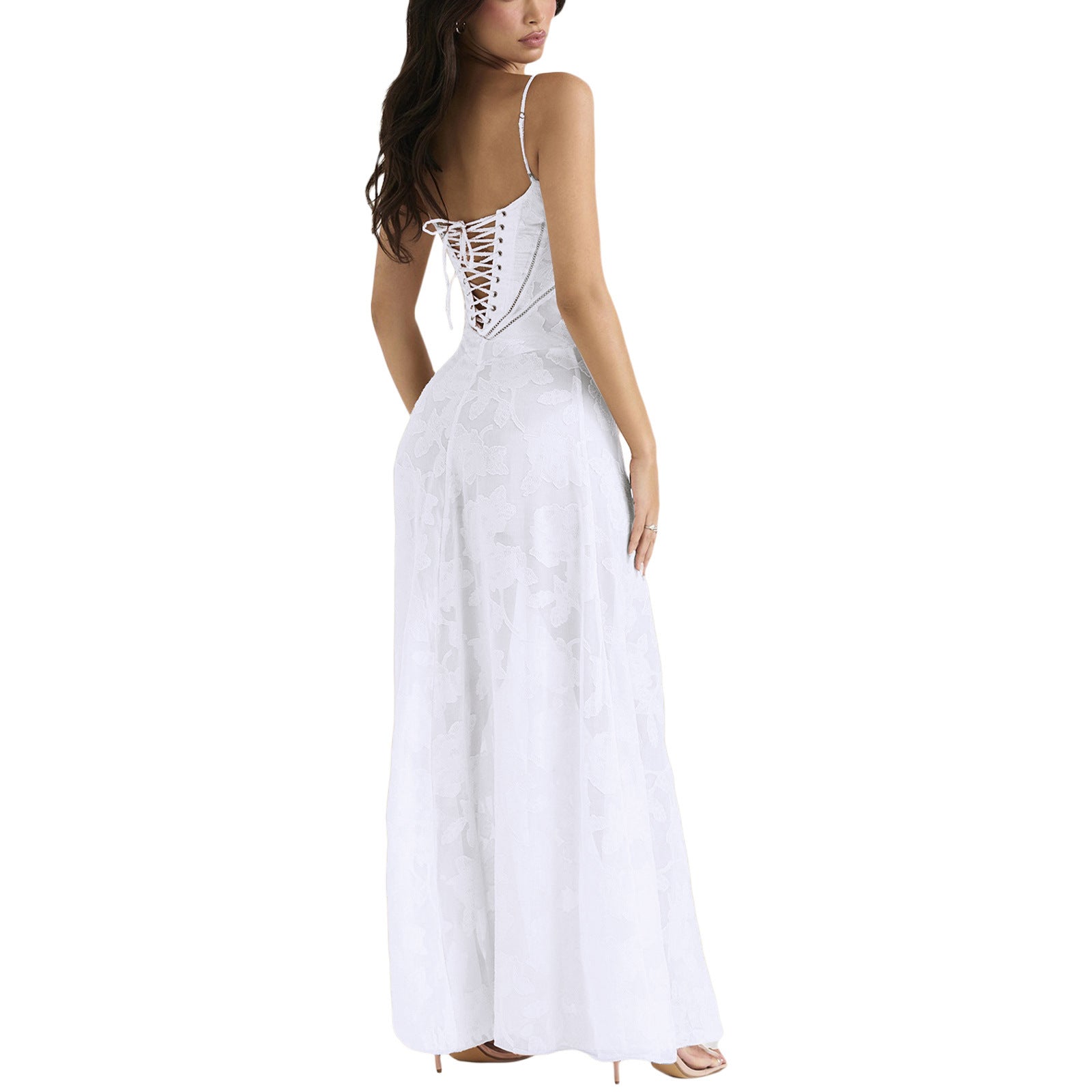 Jessie Floral Jacquard Lace Gothic Party Flowy Slip Maxi Dresses-Black-CALLISTARI