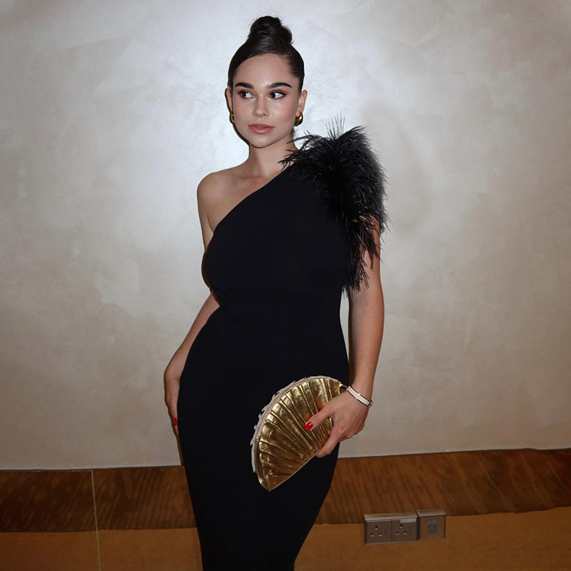 Ava Off-Shoulder Feather Maxi Dress-CALLISTARI