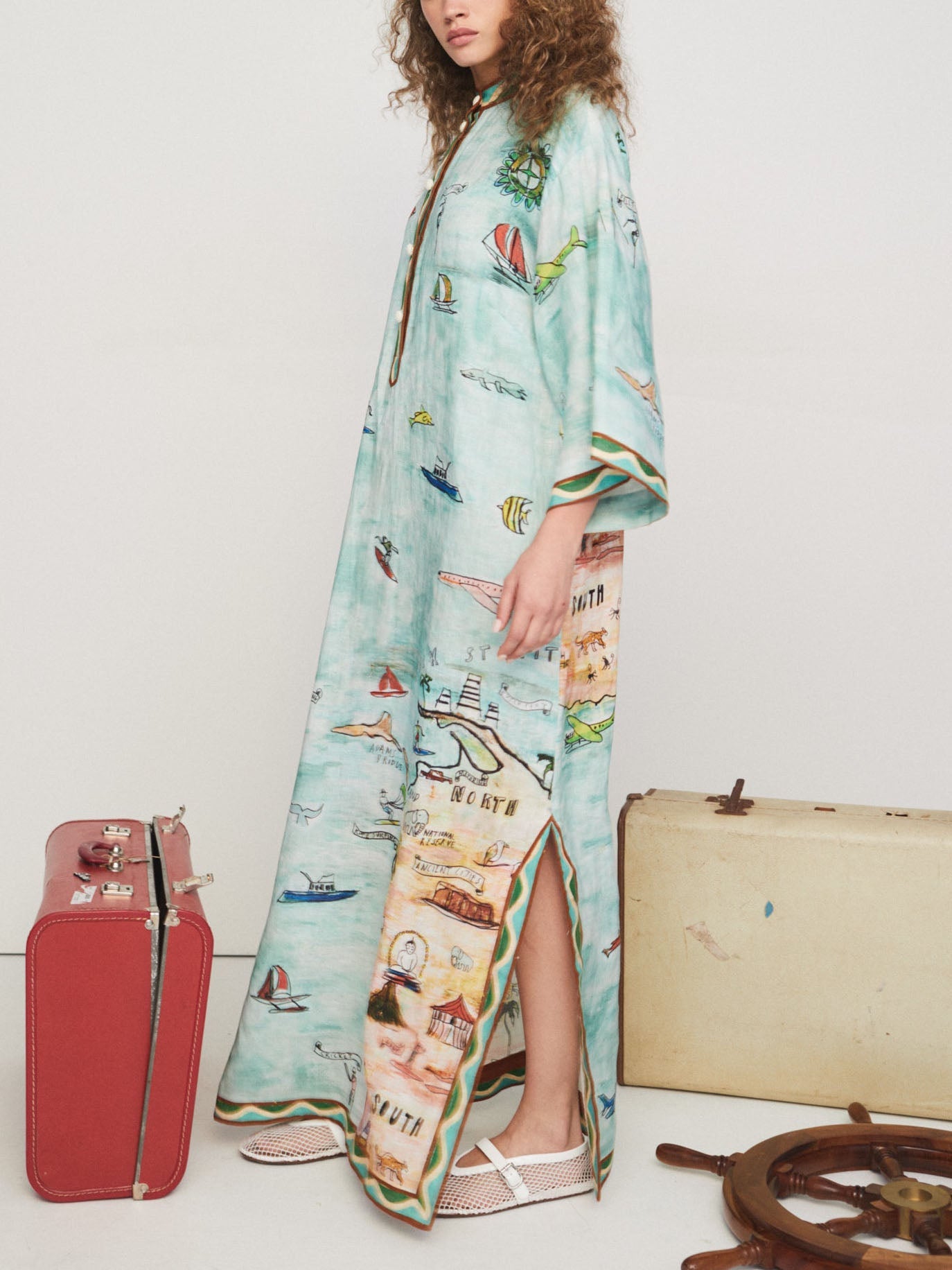 Modern Satin Art Island Print Slit Maxi Dress-CALLISTARI