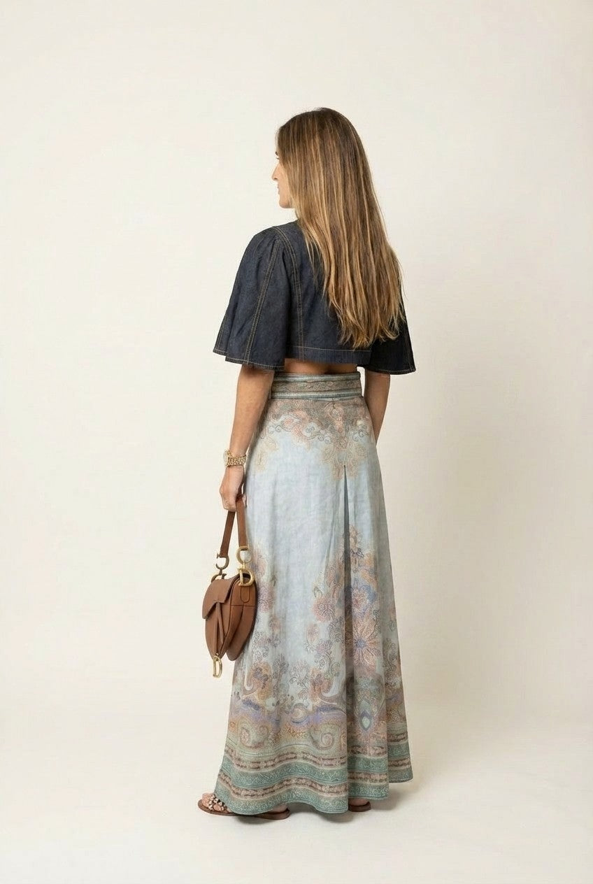 Denim Crop Blouse & Patterned Maxi Skirt