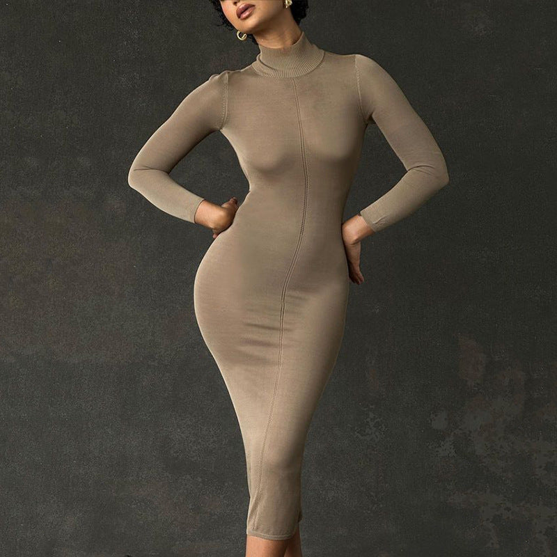 Ava Knitted Half-turtleneck Backless Dress - Khaki-CALLISTARI