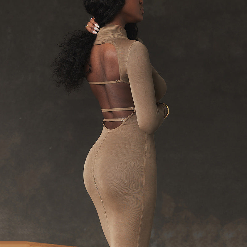 Ava Knitted Half-turtleneck Backless Dress - Khaki-CALLISTARI