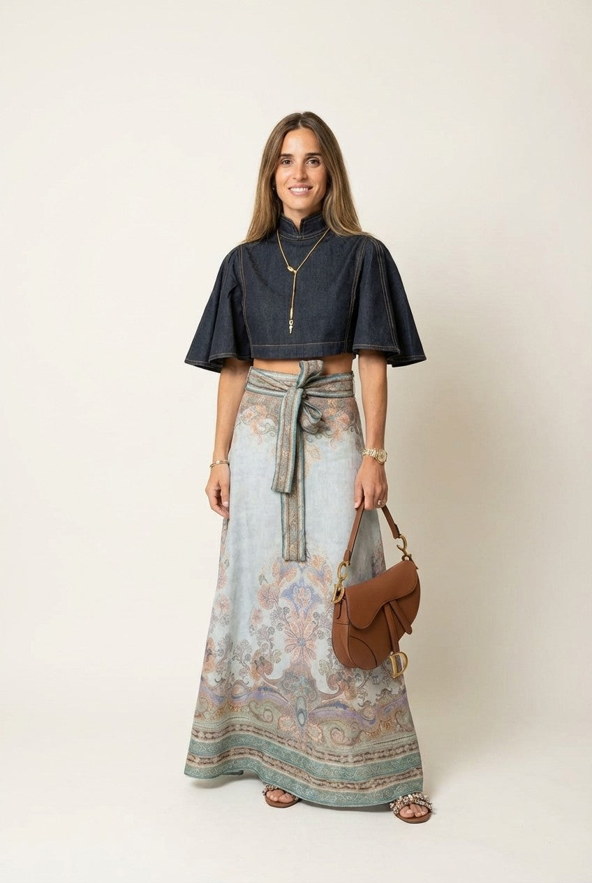 Denim Crop Blouse & Patterned Maxi Skirt