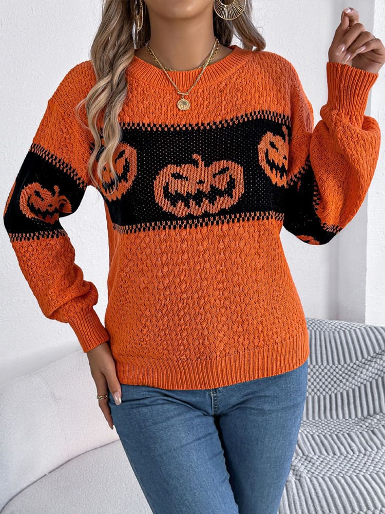 Halloween Pumpkin Head Color-Block Crew Neck Knit Sweater-CALLISTARI