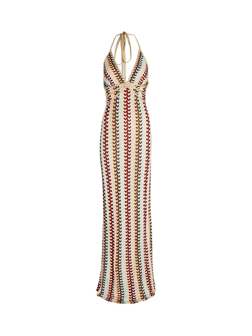 Halter V Neck Backless Boho Pattern Knit Slim-Fit Vacation Maxi Dresses-Beige-CALLISTARI