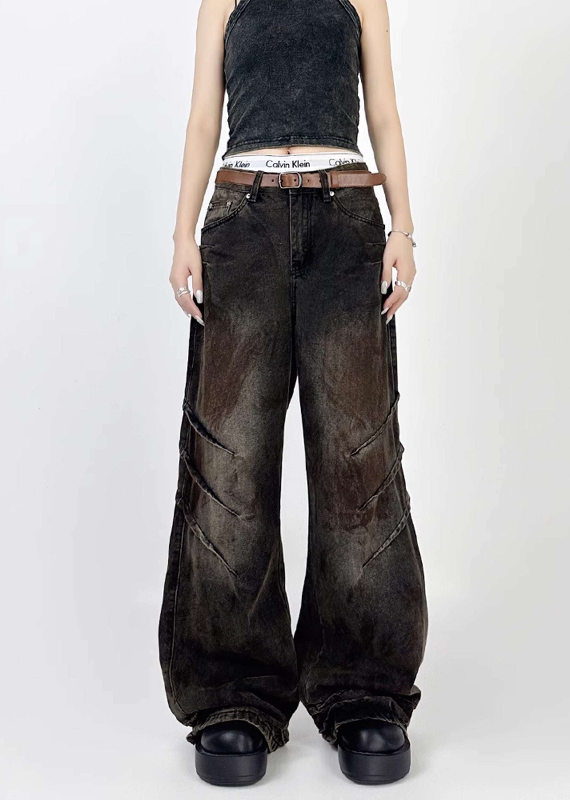 [4/29 New] Double claw mark design grunge rust color wide denim pants HL3039-CALLISTARI