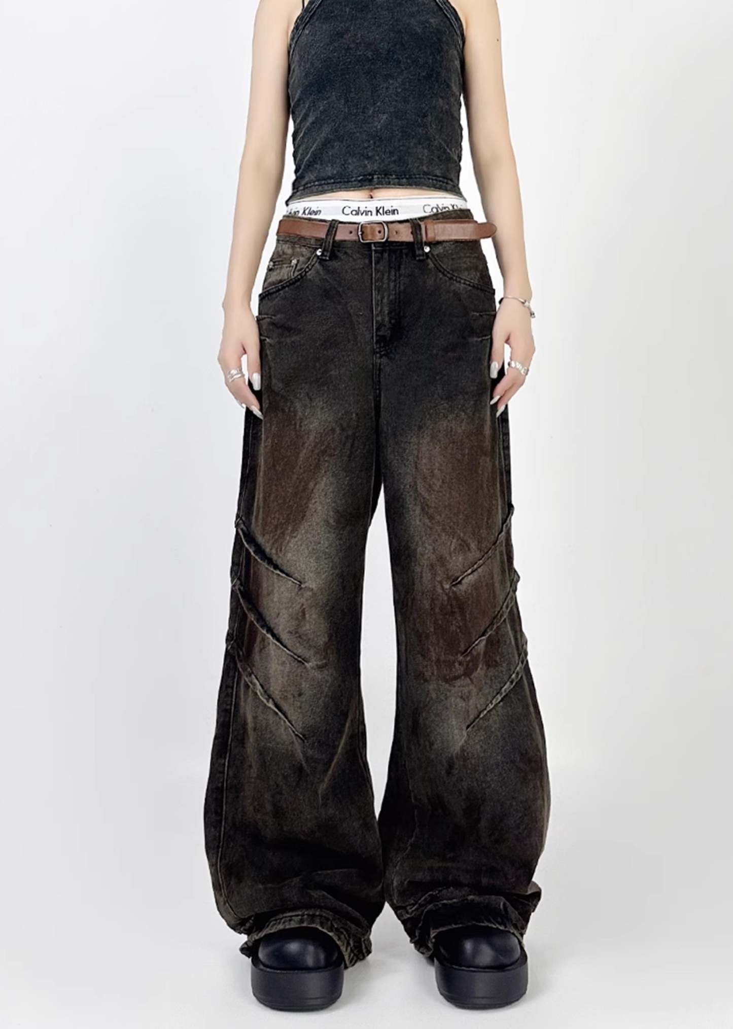 [4/29 New] Double claw mark design grunge rust color wide denim pants HL3039-CALLISTARI