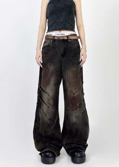 [4/29 New] Double claw mark design grunge rust color wide denim pants HL3039-CALLISTARI