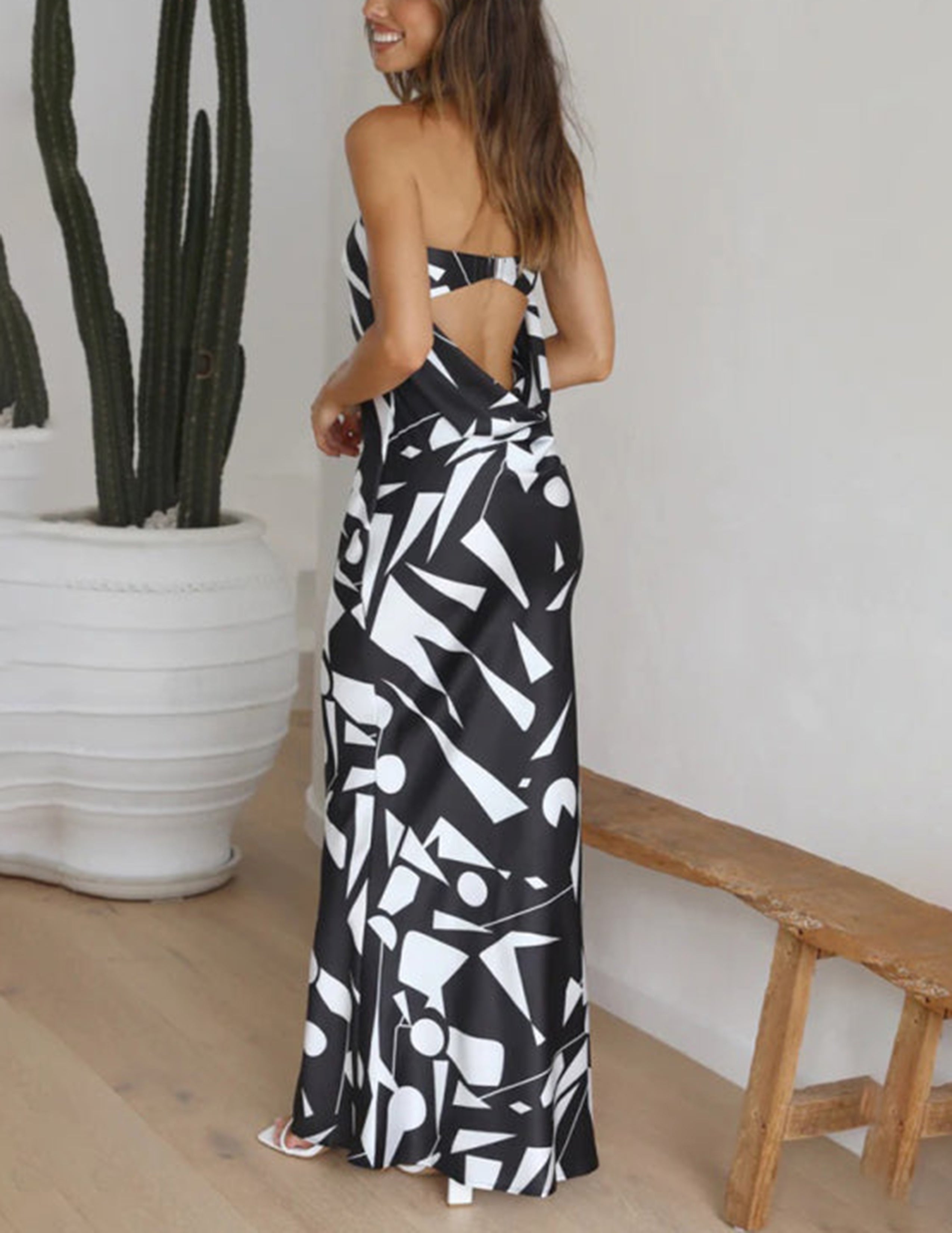 Satin Geometric Print Off Shoulder Maxi Dress-CALLISTARI