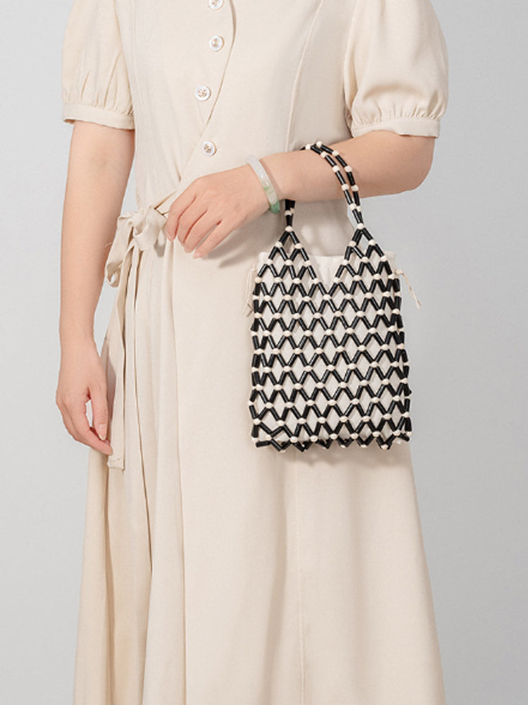 Hollow-Out Wooden Bead Woven Tote Bag-CALLISTARI