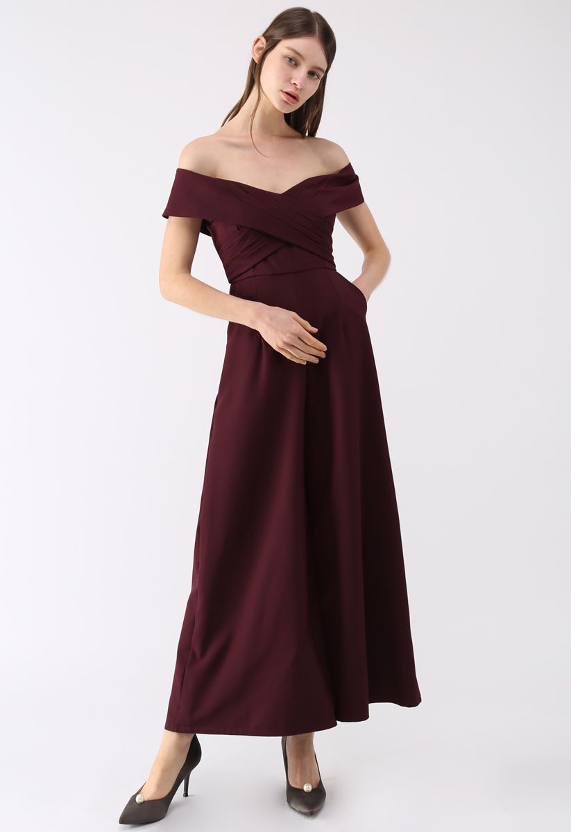 Eternal Sweet Cross Breast Off-Shoulder Jumpsuit In Wine-CALLISTARI