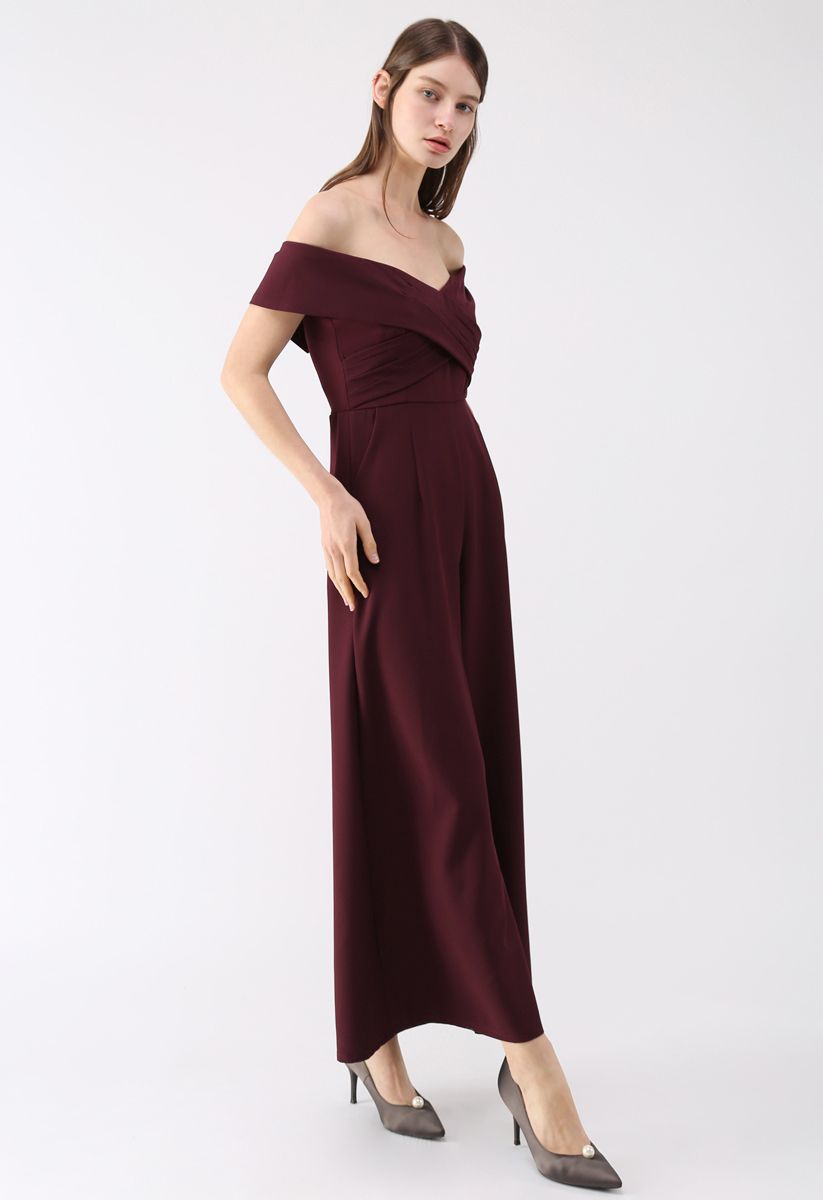 Eternal Sweet Cross Breast Off-Shoulder Jumpsuit In Wine-CALLISTARI
