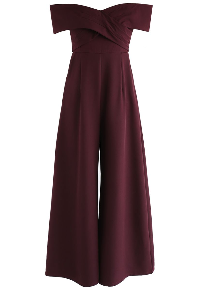 Eternal Sweet Cross Breast Off-Shoulder Jumpsuit In Wine-CALLISTARI