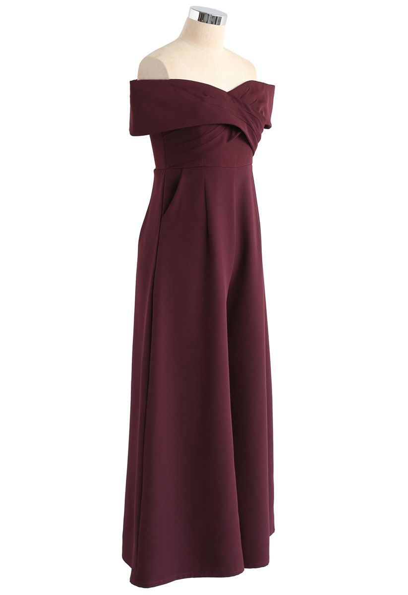 Eternal Sweet Cross Breast Off-Shoulder Jumpsuit In Wine-CALLISTARI