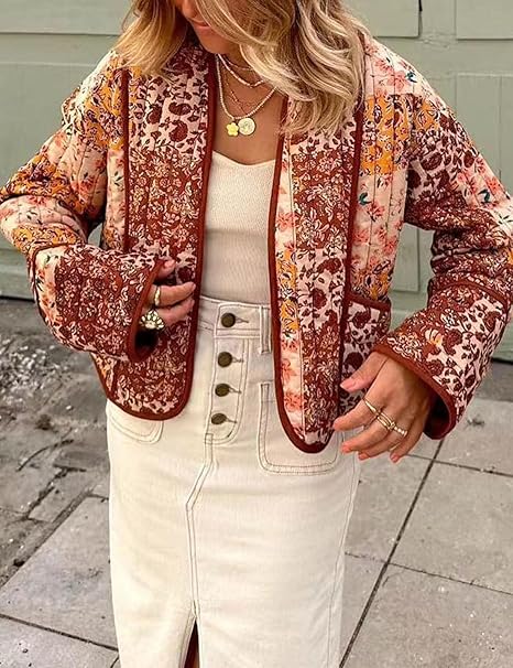 Floral Patchwork Print Drop Shoulder Jacket-CALLISTARI