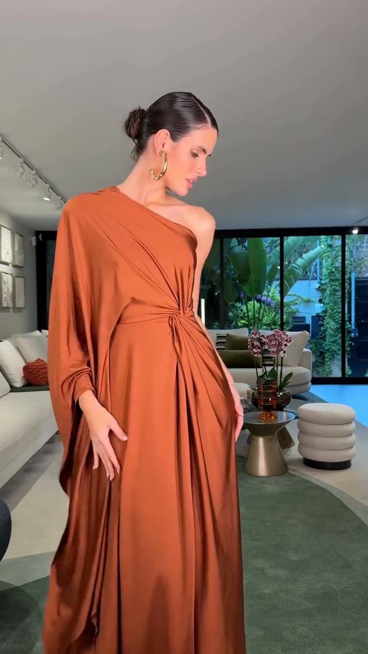 Terracotta-colored one-shoulder pleated maxi dress