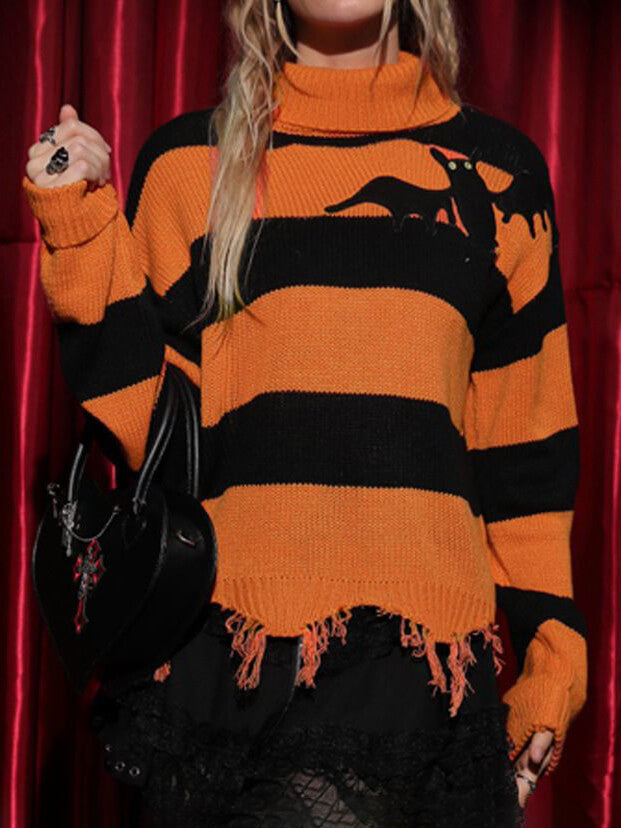 Halloween Cat Stripe Fringe Sweater-CALLISTARI