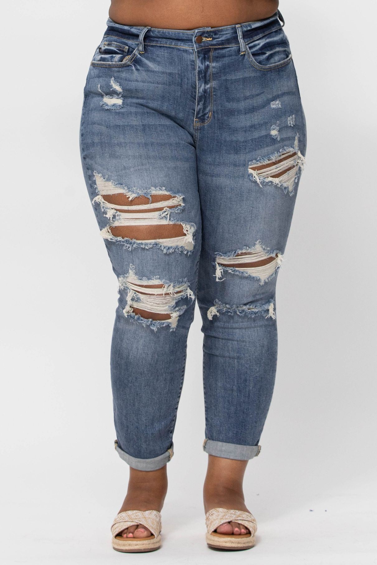 Curvy Girl Judy Blue Mid Rise Destroyed Boyfriend Jeans-Mesadic