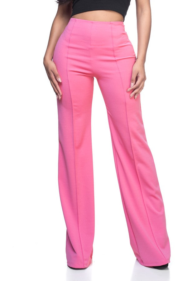 High Waisted Flare Leg Pants - Pink-Mesadic