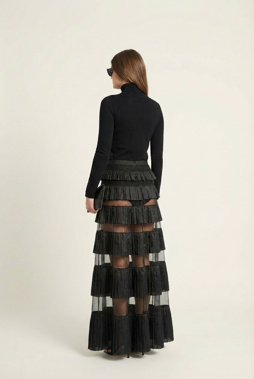 Pleated Sheer Mesh Maxi Skirt 