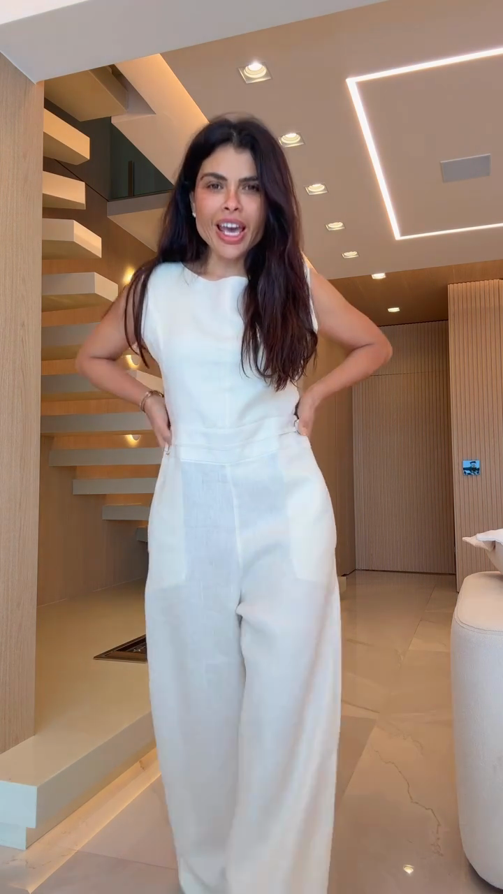 Linen blend sleeveless wide-leg jumpsuit-Trafni