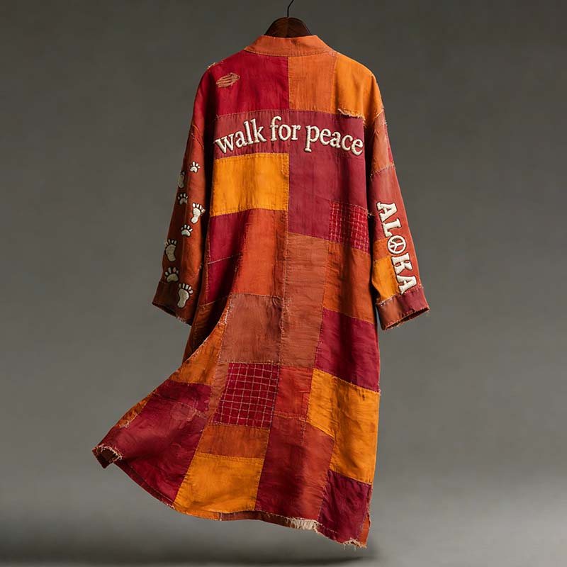 Vintage Peace For Walk Art In Patchwork Print Linen Long Kimono